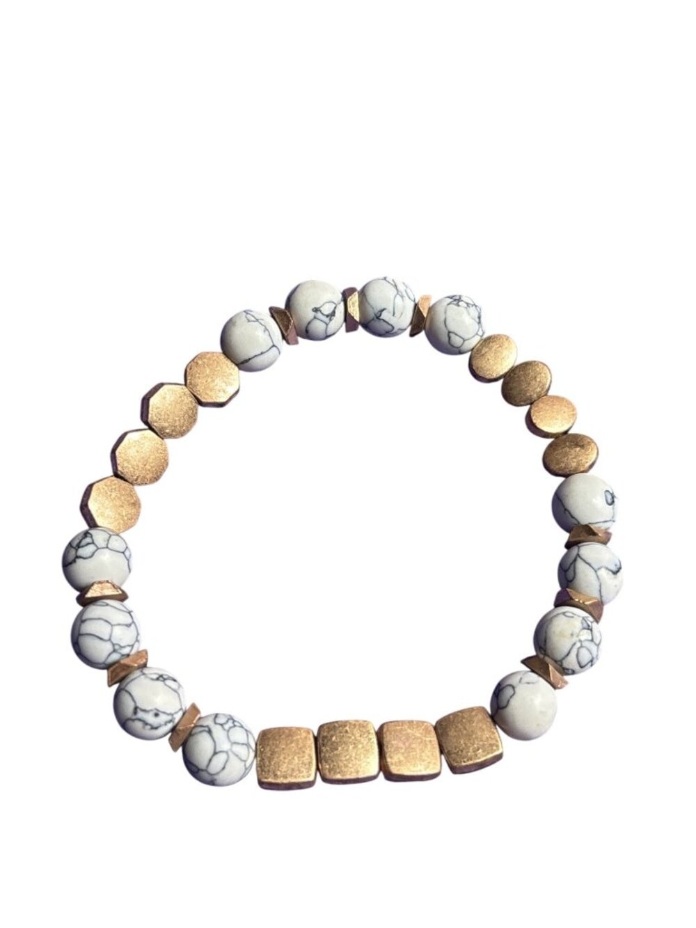 Howlite Stone Goldtone Beaded Stretchy Bracelet 6.5 inches Unstretched